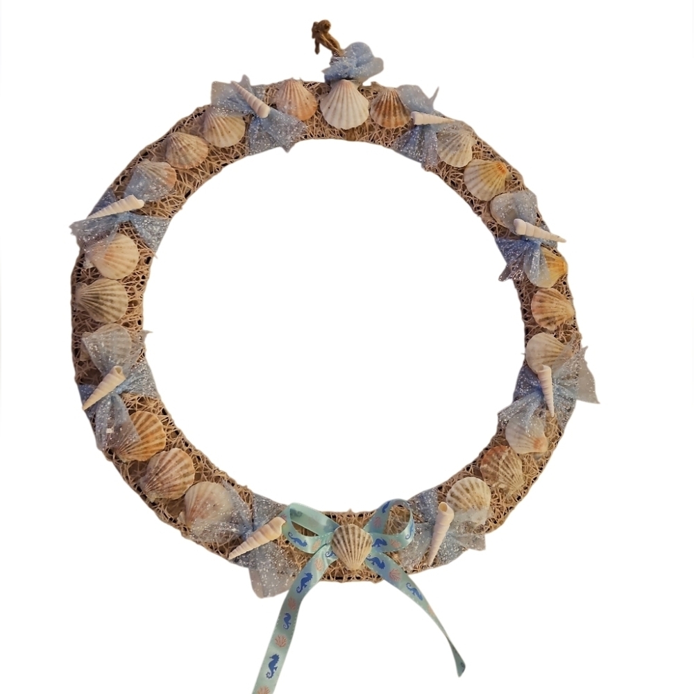 Seashell Ribbon Wreath Handmade Coastal Wall Decor